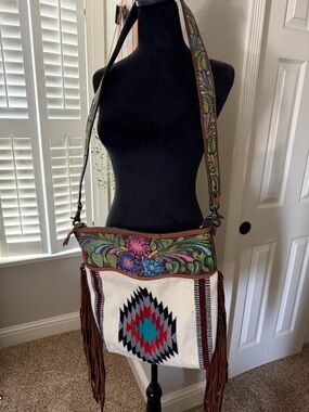 American Darling tooled leather and fringe bag